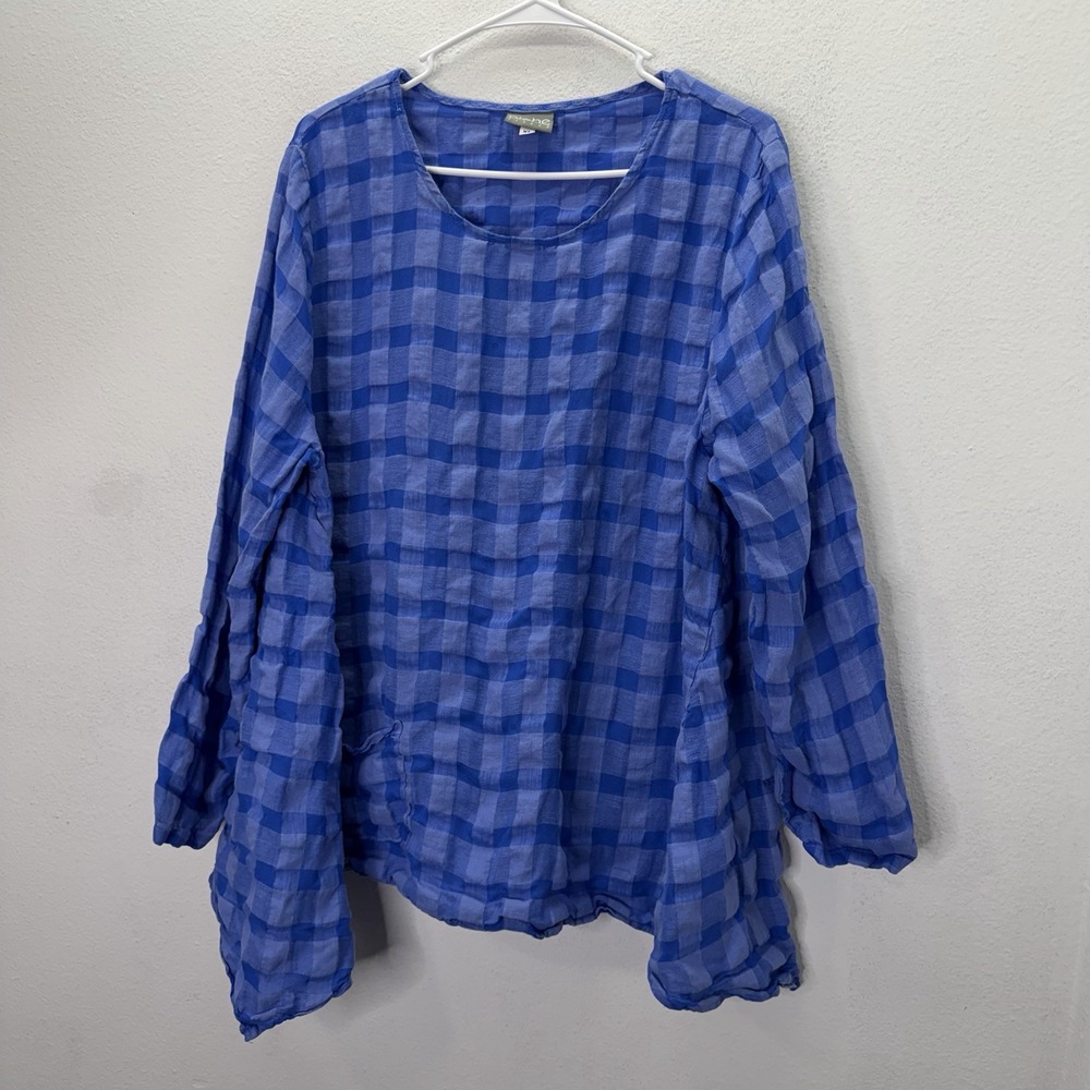 Niche Nilgun Derman Top XL Blue Gingham 100% Linen Lagenlook Asymmetrical Artsy